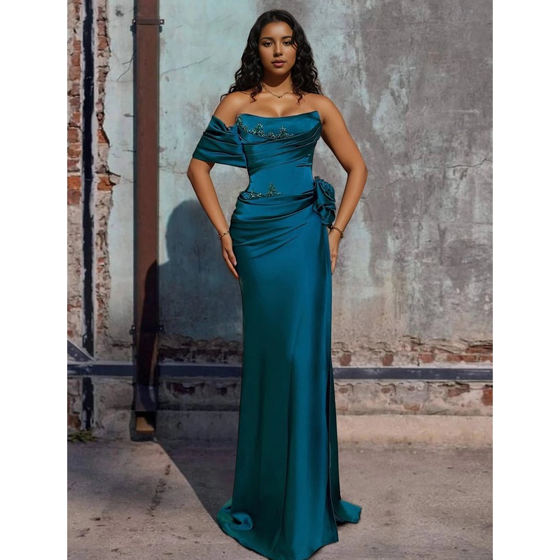A-Line Evening Gown Sleeveless Strapless Satin with Rhinestone Slit