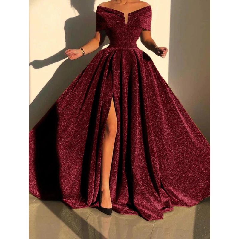 A-Line Evening Gown Sparkle & Shine Fall Court Train Sleeveless Off Shoulder with Slit
