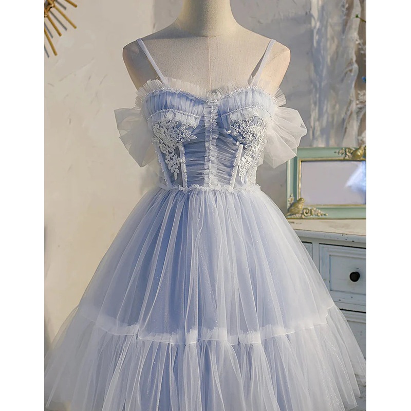 A Line Tulle Blue Off The Shoulder Cute Homecoming Dress with Pleated