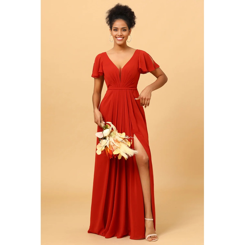 A Line V Neck Rust Long Bridesmaid Dress Short Sleeves