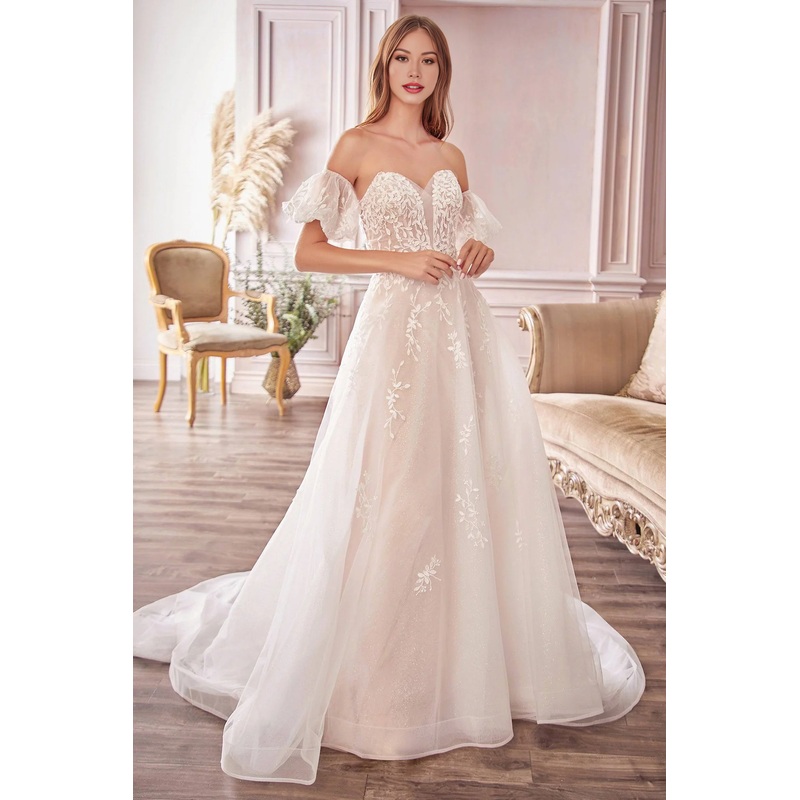 Off Shoulder Floral Lace Wedding Dress A-Line Gown with Flowing Train Removable Sleeve