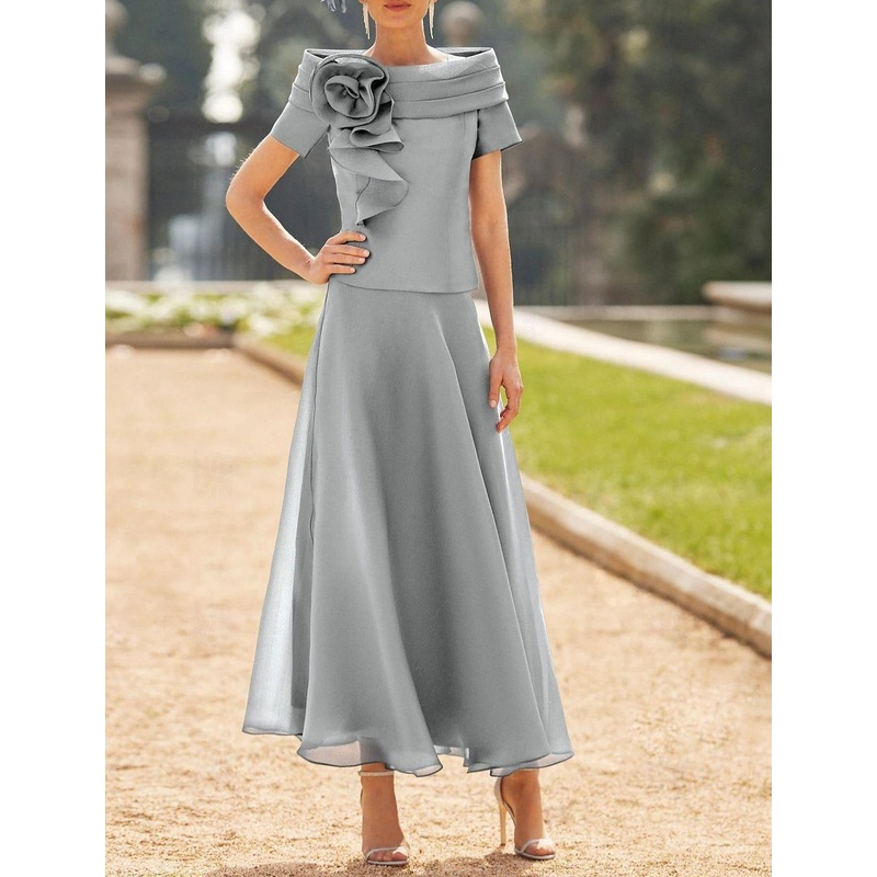 A-Line Ankle Length Organza with Ruffles Flower Mother of the Bride Dress Off Shoulder Wedding Guest Dress