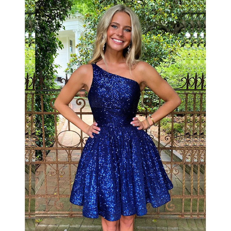 A-line Blue Sequin Mini Dress Backless Homecoming Dress