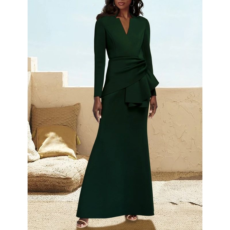 A-Line Elegant V Neck Satin Long Sleeve with Ruching Mother of the Bride Dress Wedding Guest Dress