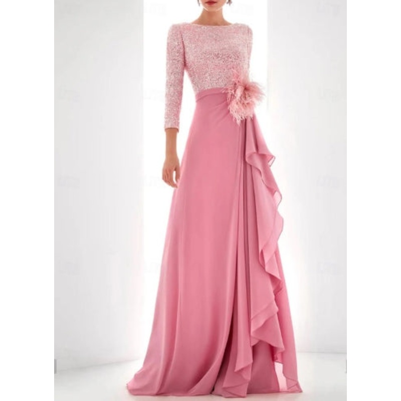 A-Line Evening Gown Asymmetrical Long Sleeve High Neck Chiffon with Feather Pearls Sequin
