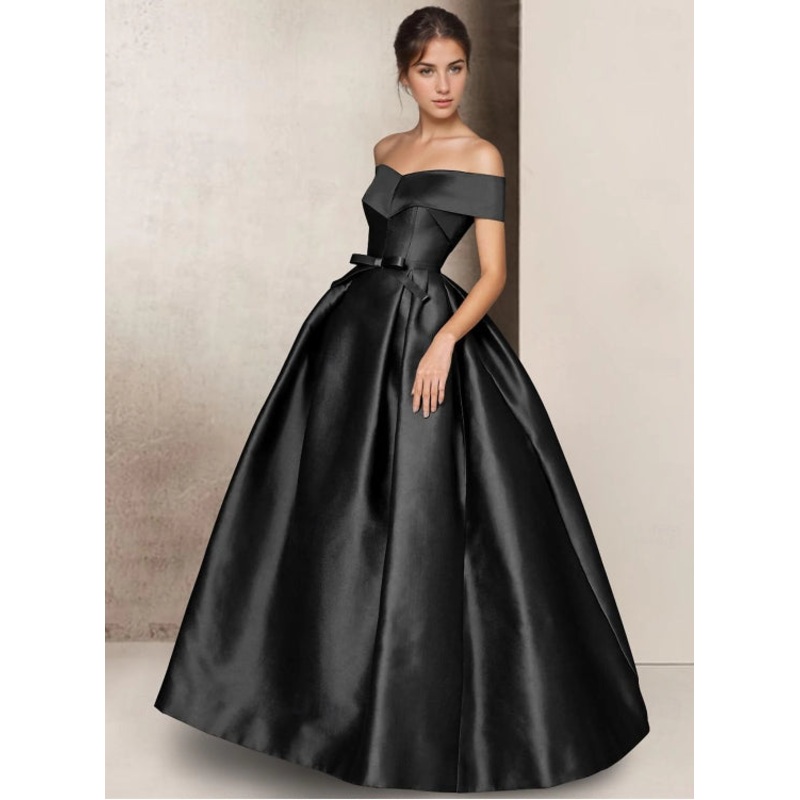 A-Line Evening Gown Elegant Black Dress Short Sleeve Strapless Satin with Bow(s)