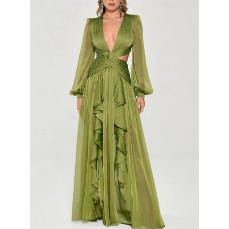 A-Line Evening Gown Elegant Floor Length Long Sleeve V Neck Chiffon Crisscross Back with Criss Cross Ruffles