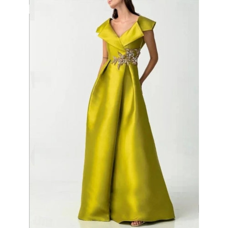 A-Line Evening Gown Elegant Floor Length Short Sleeve V Neck Pocket Satin with Rhineston