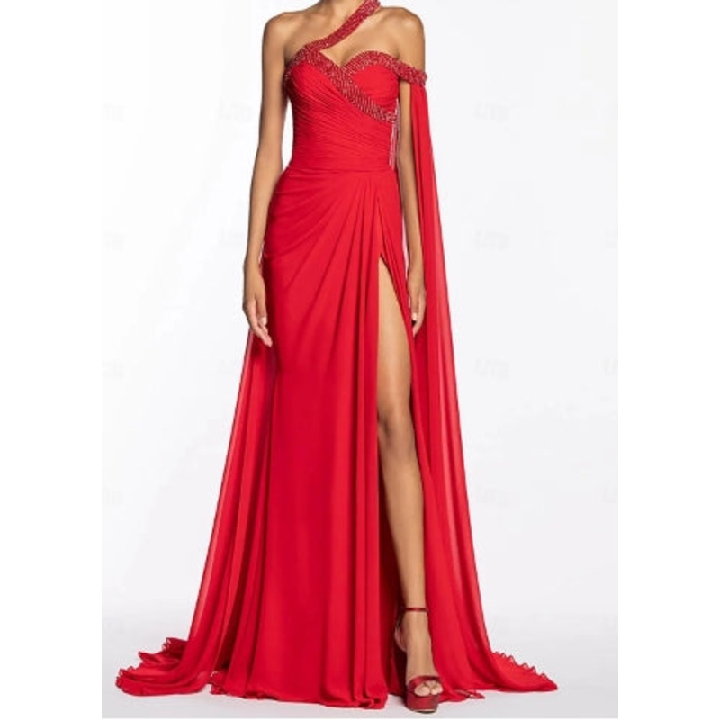 A-Line Evening Gown Elegant Floor Length Sleeveless One Shoulder Chiffon with Sequin