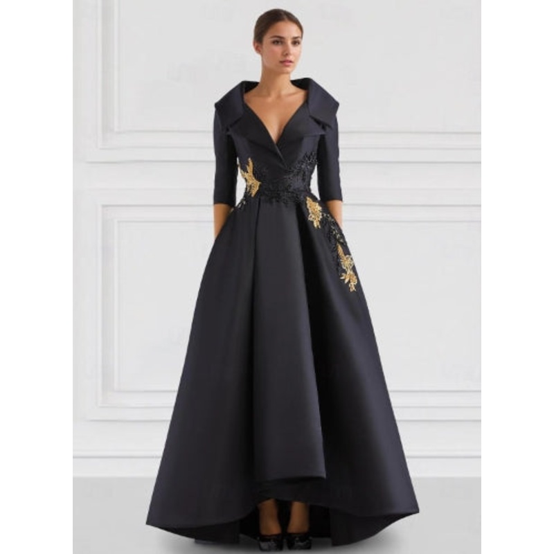 A-Line Evening Gown Floor Length Long Sleeve V Neck Pocket Satin with Beading Appliques