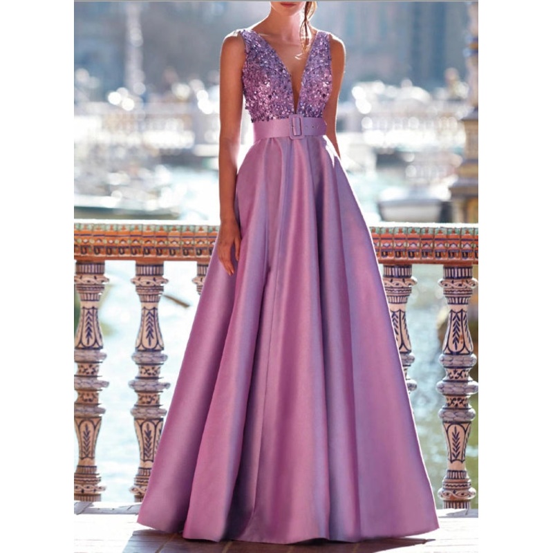 A-Line Evening Gown Formal Floor Length Sleeveless V Neck Pocket Satin with Pearls
