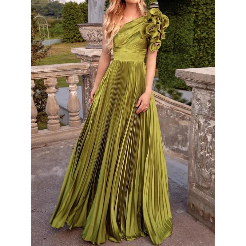 A-Line Evening Gown Formal Wedding Guest Floor Length Sleeveless One Shoulder with Pleats Shouder Flower