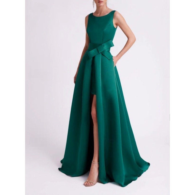 A-Line Evening Gown High Split Dress Sleeveless V Neck Belt / Sash Satin with Slit