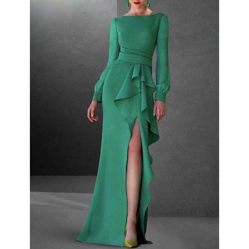 A-Line Evening Gown Party Dress Sweep / Brush Train Long Sleeve Jewel Neck Stretch Chiffon with Ruffles Slit