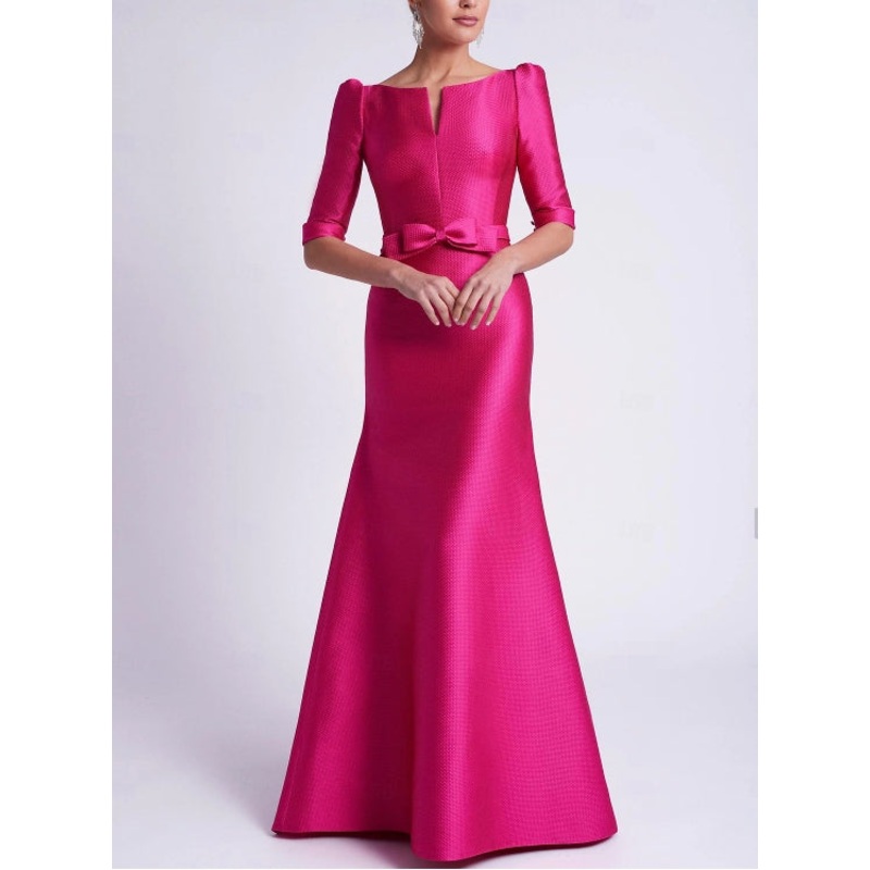 A-Line Evening Gown Wedding Guest Floor Length 3/4 Length Sleeve V Neck Satin with Bow(s)