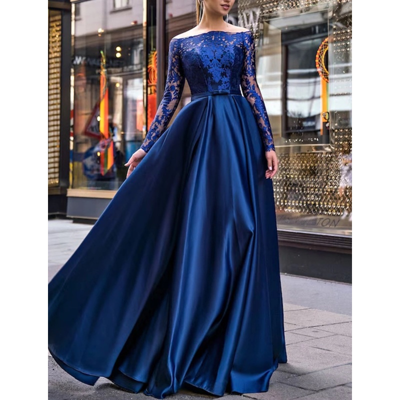 A-Line Evening Gown Wedding Guest Floor Length Long Sleeve Off Shoulder Belt / Sash Satin with Appliques