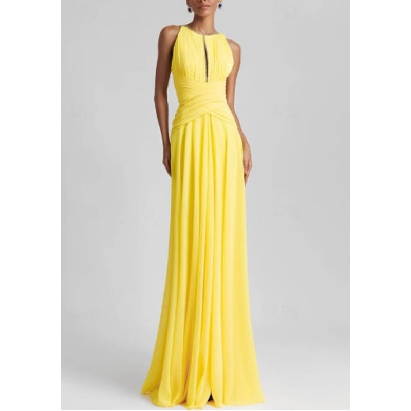 A-Line Evening Gown Wedding Guest Floor Length Sleeveless Jewel Neck Chiffon with Rhinestone Glitter Pleats