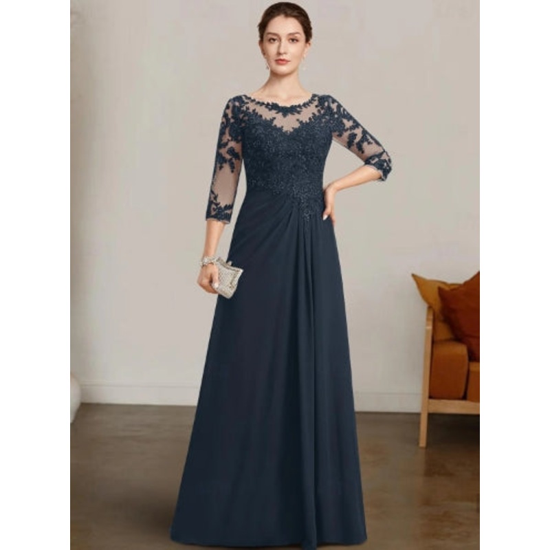 A-Line Mother of the Bride Dress Bateau Neck 3/4 Length Sleeve with Lace