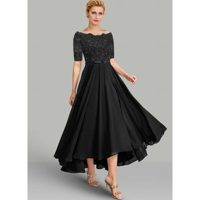 A-Line Mother of the Bride Dress Elegant High Low Asymmetrical Chiffon Lace with Sash / Ribbon