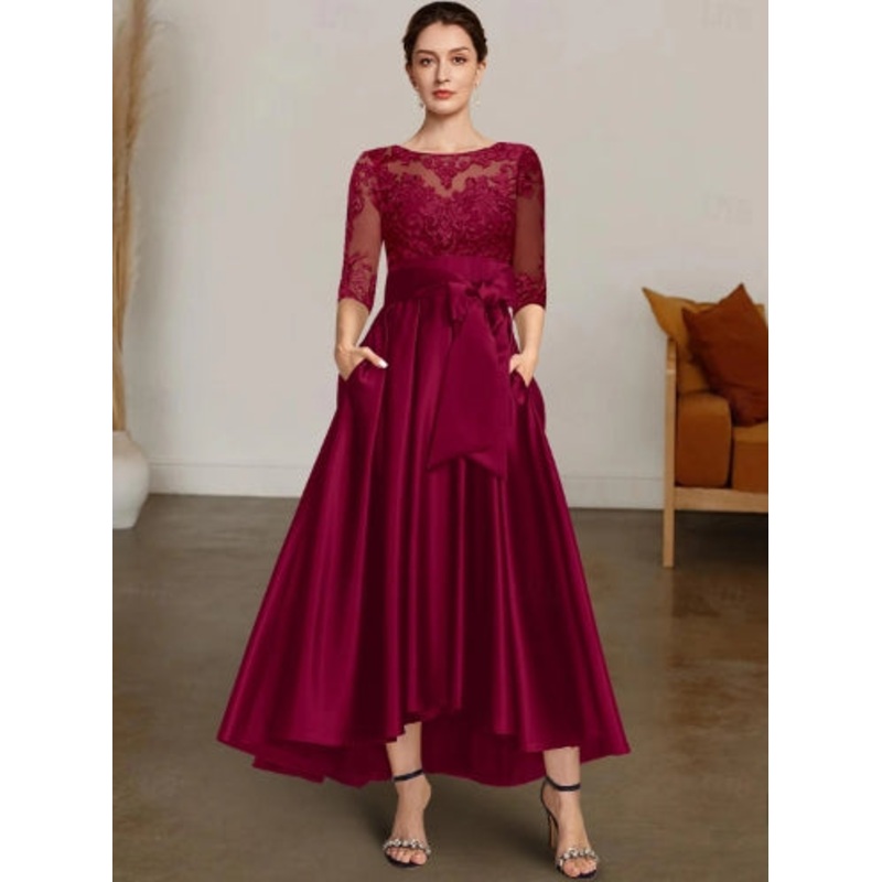 A-Line Mother of the Bride Dress Elegant High Low Bateau Neck Satin Lace with Lace Sash / Ribbon