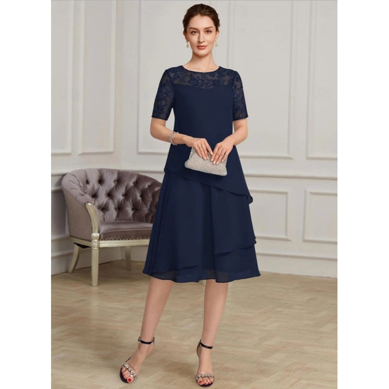 A-Line Mother of the Bride Dress Elegant Jewel Neck Short Sleeve with Lace