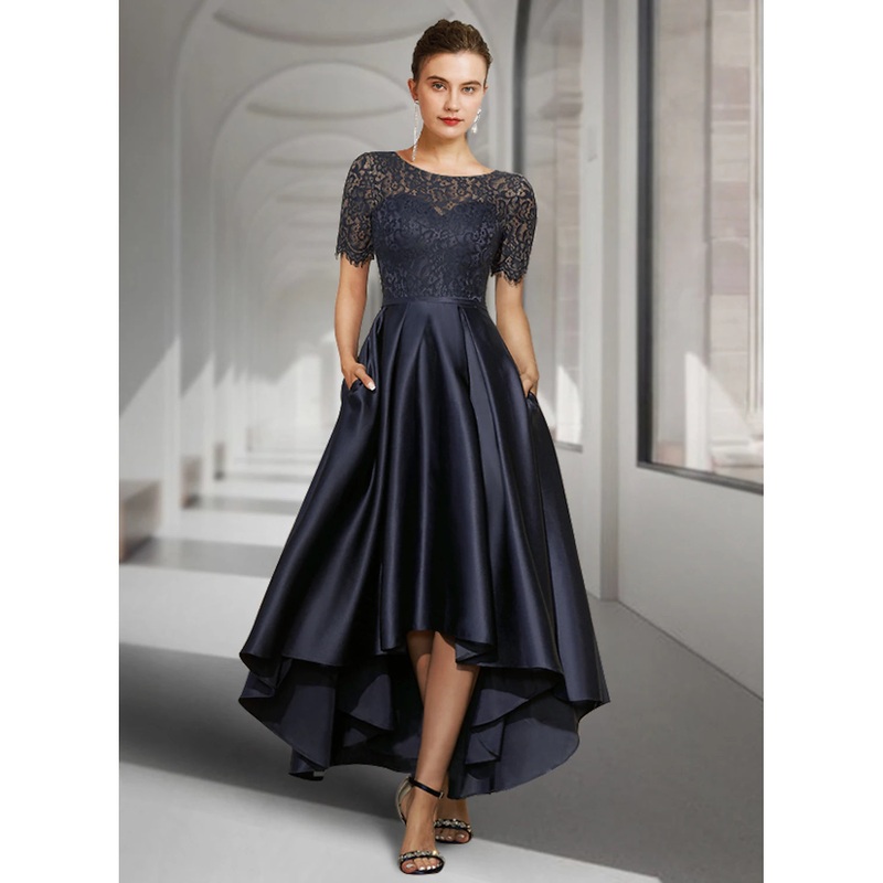 A-Line Mother of the Bride Dress  High Low Tea Length Satin Lace with Pleats
