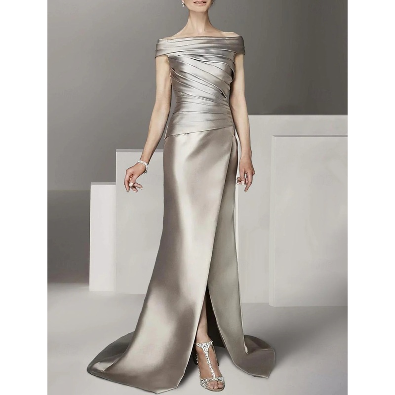 A-Line  Scoop Neck Off Shoulder Floor Length Satin Cap Sleeve with Ruching Mother of the Bride Dress