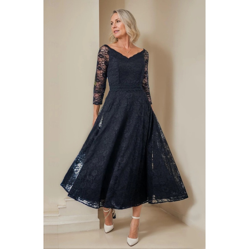 A-Line  V Neck Tea Length Lace 3/4 Length Sleeve with Lace Mother of the Bride Dress