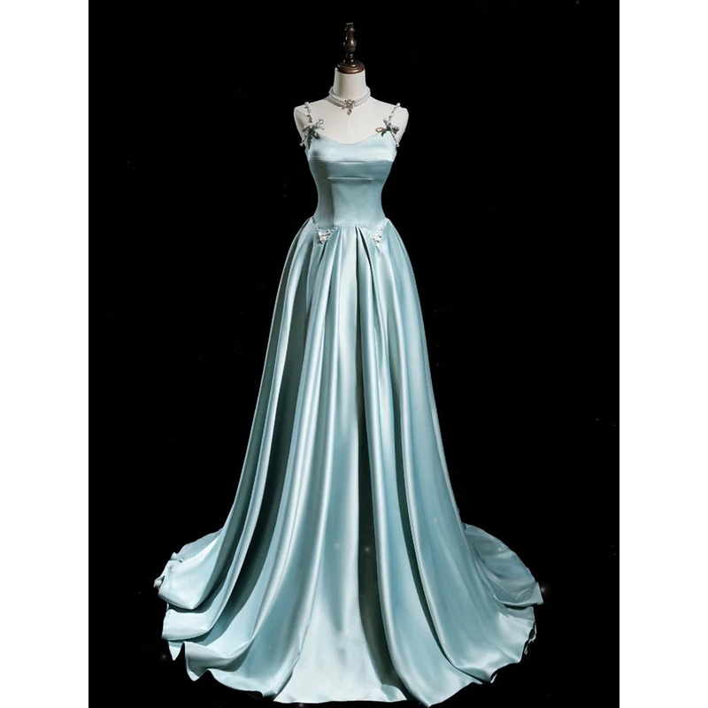 A-Line Blue Satin Long Prom Dress Spaghetti Strap Court Train Dresses