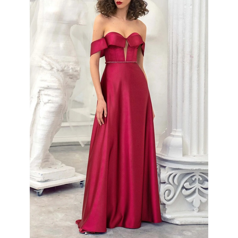 A-Line Burgundy Strapless Sleeveless Floor-Length Evening Dress