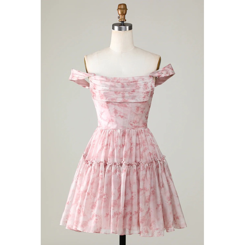 A Line Cute Blush Printed Homecoming Dress With Ruffles