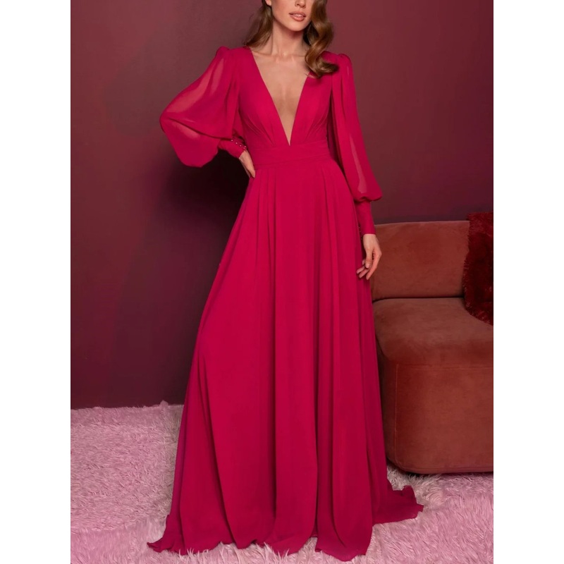 A-Line Deep V-Neck Long Sleeves Floor-Length Evening Dress with Ruffles