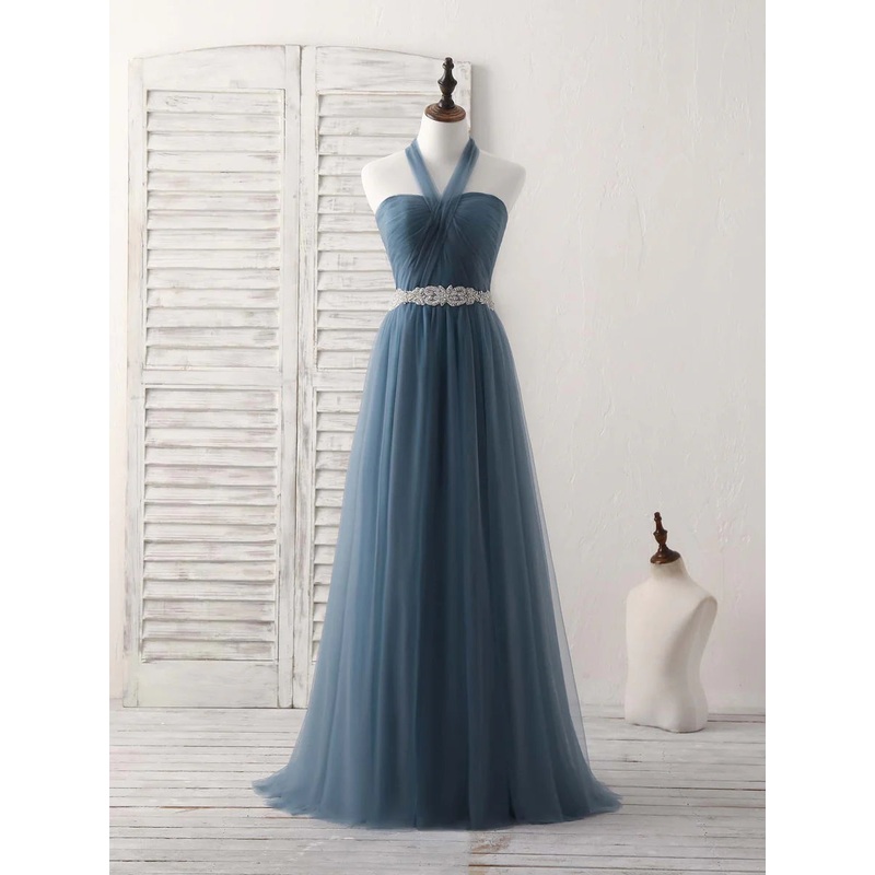 A-Line Gray Blue Tulle Long Bridesmaid Dress Floor-length Beading Prom Dress