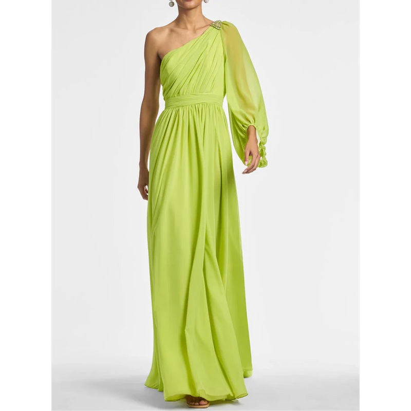 A Line One Shoulder Floor-Length Evening Dress with Ruffles