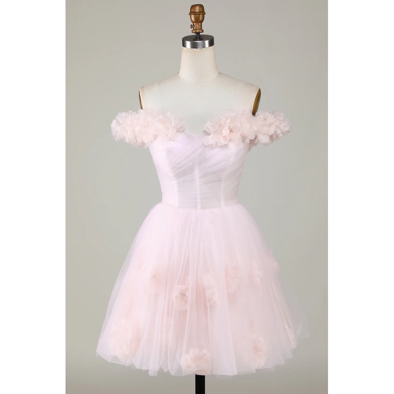 A Line Princess Off the Shoulder Pink Homecoming Dress With Flowers