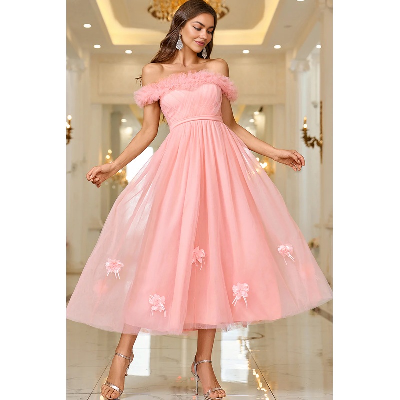 A Line Princess Off The Shoulder Tea length Prom Dress with Lace Up Back