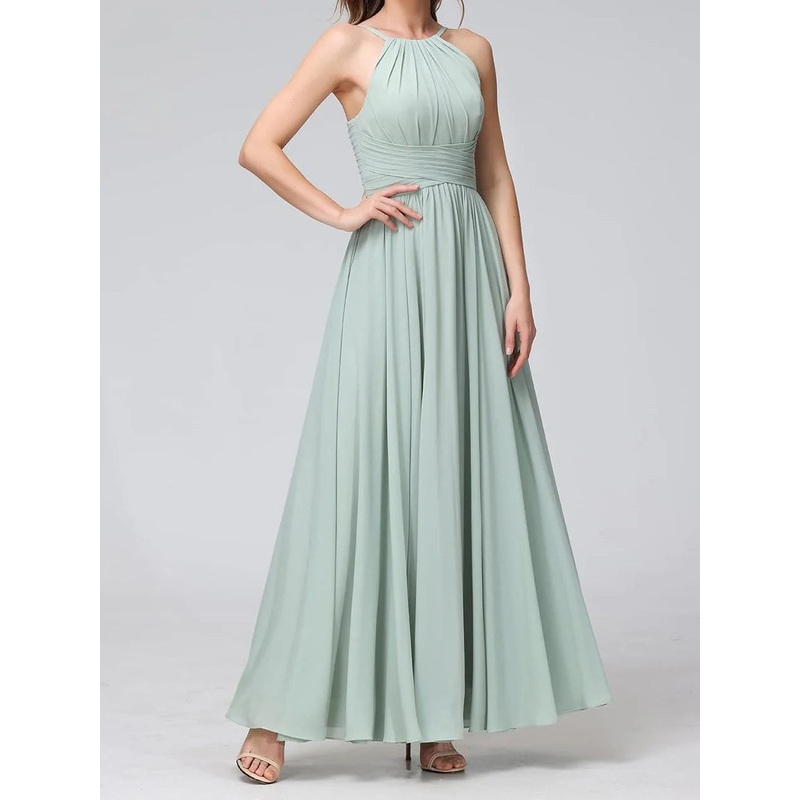 A Line Spaghetti Straps Halter Sleeveless Floor-Length Bridesmaid Dresses