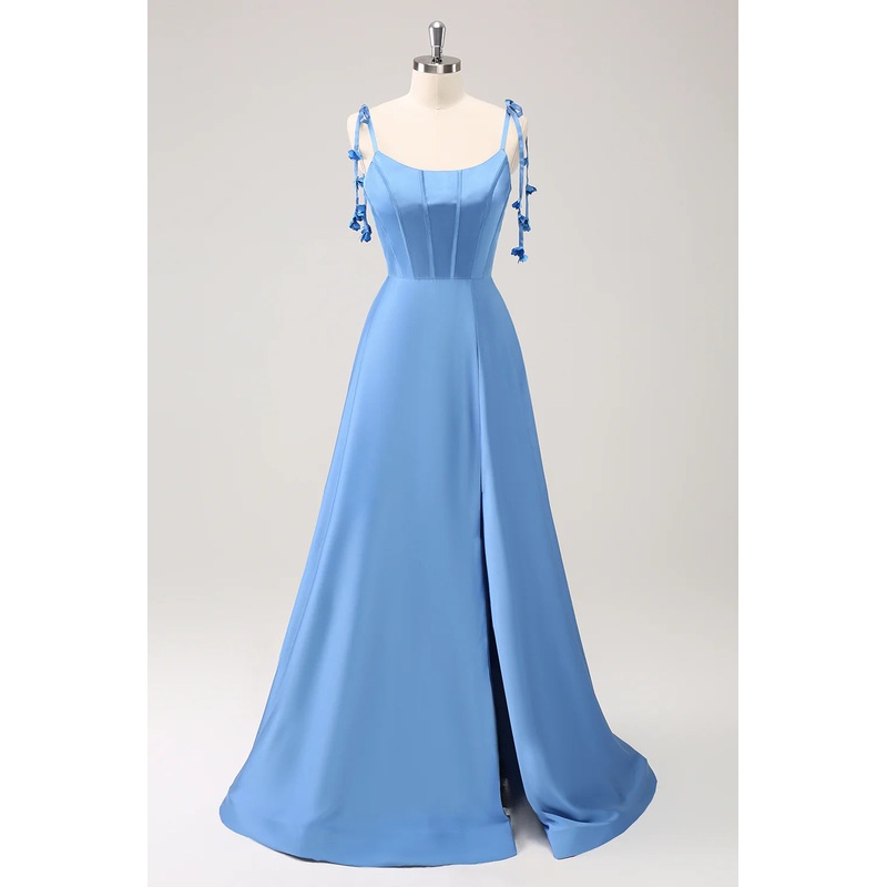 A Line Spaghetti Straps Satin Floor Length Prom Dress with Slit