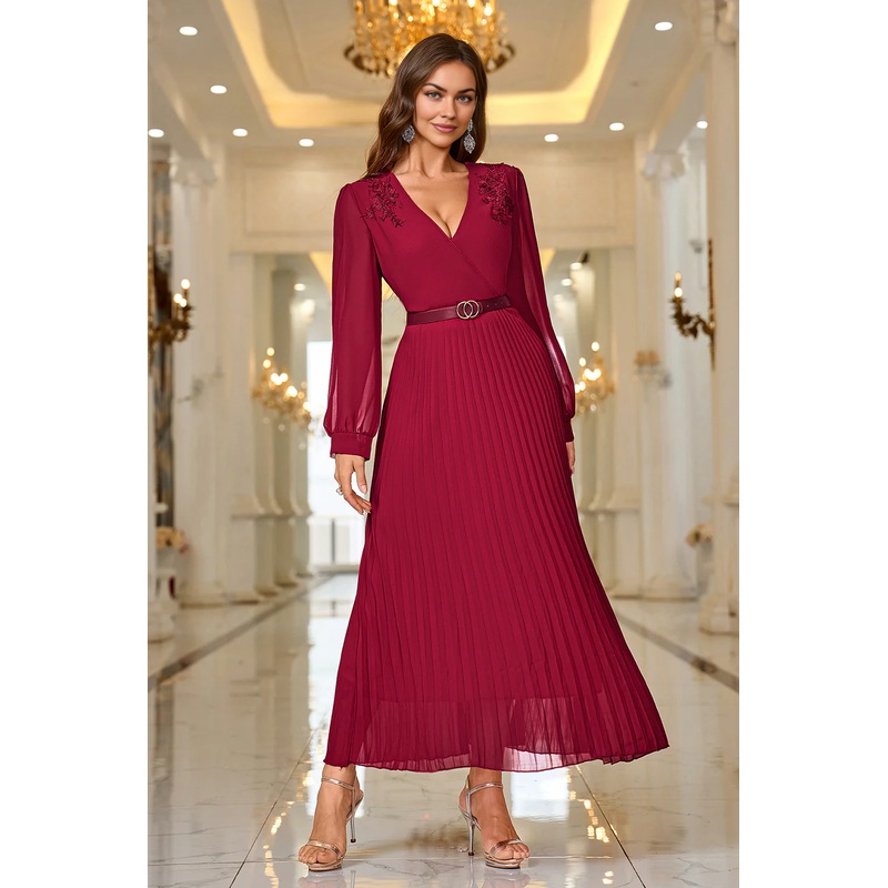 A Line V Neck Pleated Appliques Belted Formal Prom Dress with Long Sleeves