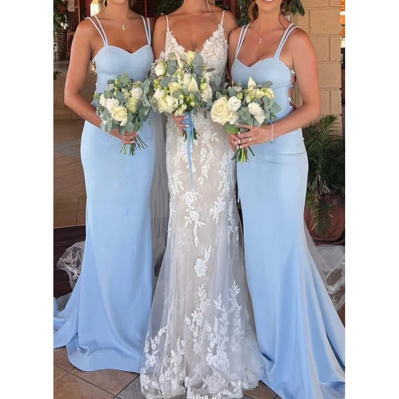 Sheath/Column Spaghetti Straps Floor-Length Long Bridesmaid Dresses Sweep/Brush Train Dresses