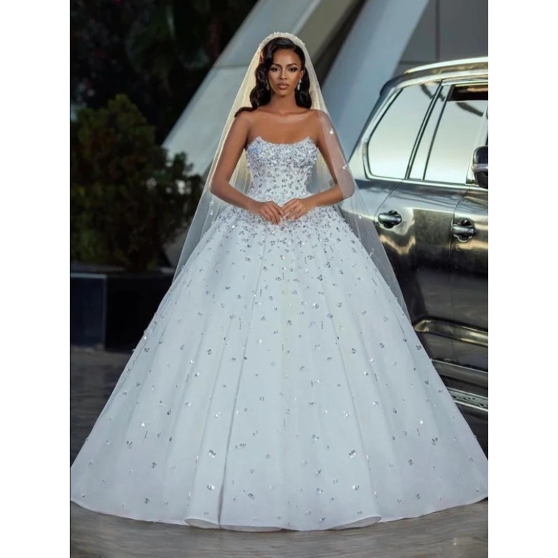 White Strapless Ball Gown Wedding Dress Tulle With Sequins Beads