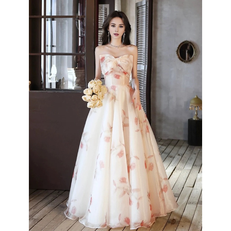 A-Line Champagne Long Prom Dress Tulle Floral Print Dress