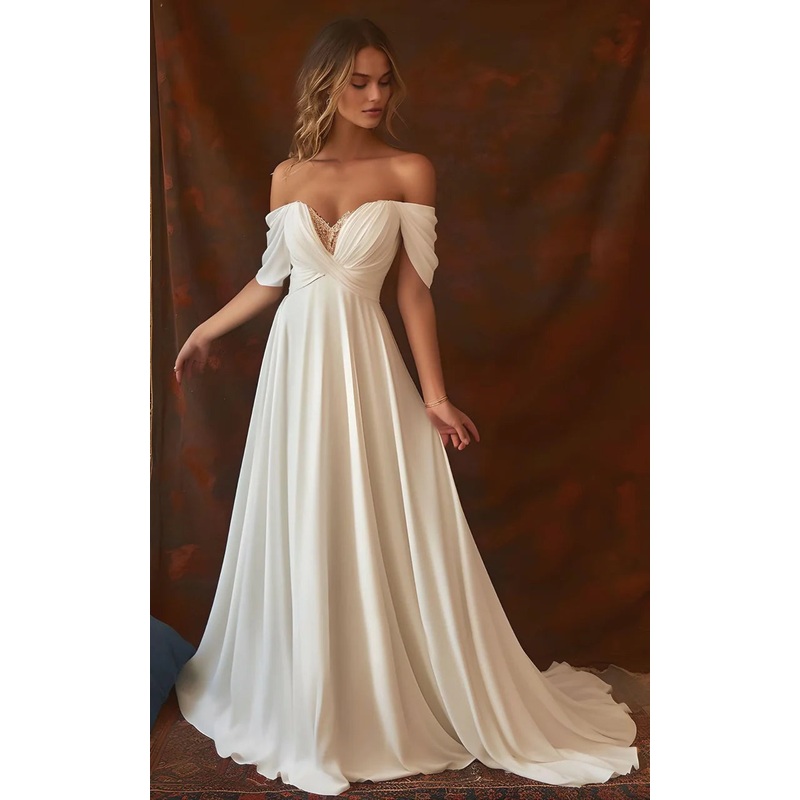 A-Line Chiffon Sleeveless Off-the-Shoulder Wedding Dress with Ruching