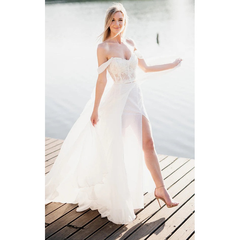 A-Line Lace White Lace-Up Off-the-Shoulder Wedding Dress with Slit