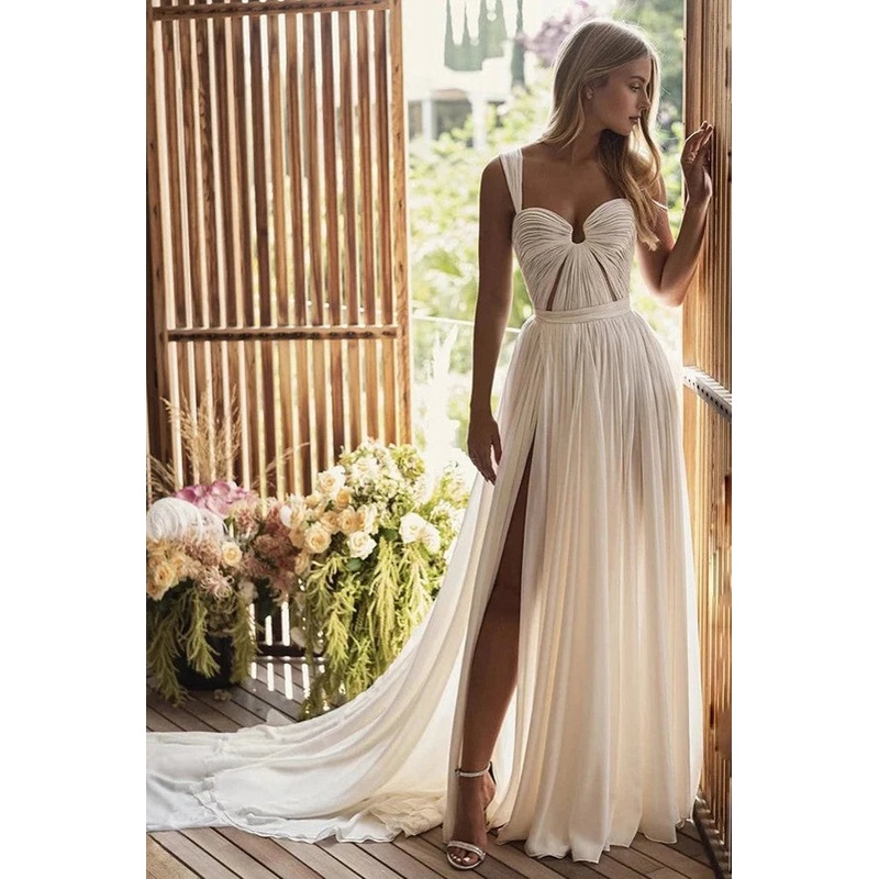 A-Line Long Chiffon Sweetheart Wedding Dresses Sweep/Brush Train Dresses