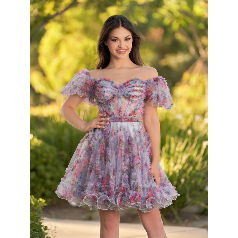 A Line Off the Shoulder Printed Tulle Short Homecoming Dress