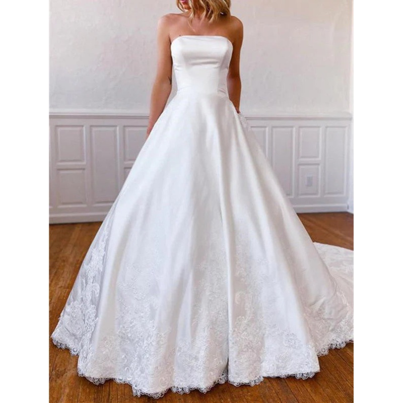 A-Line Strapless Satin Sweep Train Lace Appliques Wedding Dresses With Pockets
