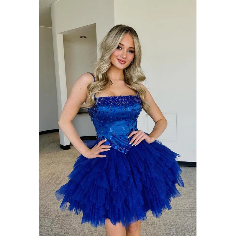A Line Straps Royal Blue Ruffled Tulle Homecoming Dresses with Beading
