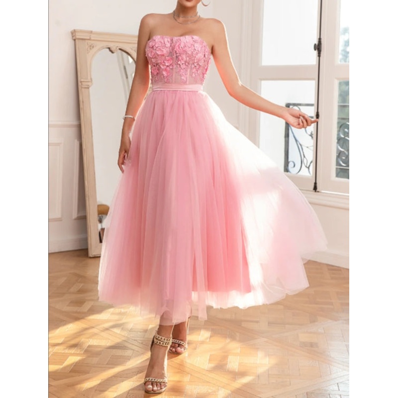 A Line Tulle Strapless Pink Prom Dress with Appliques