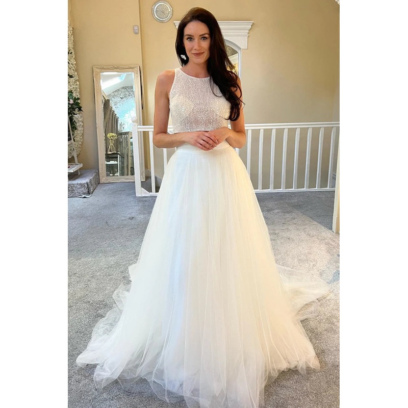 A-Line Two-Piece White Beaded A-Line Long Wedding Dress
